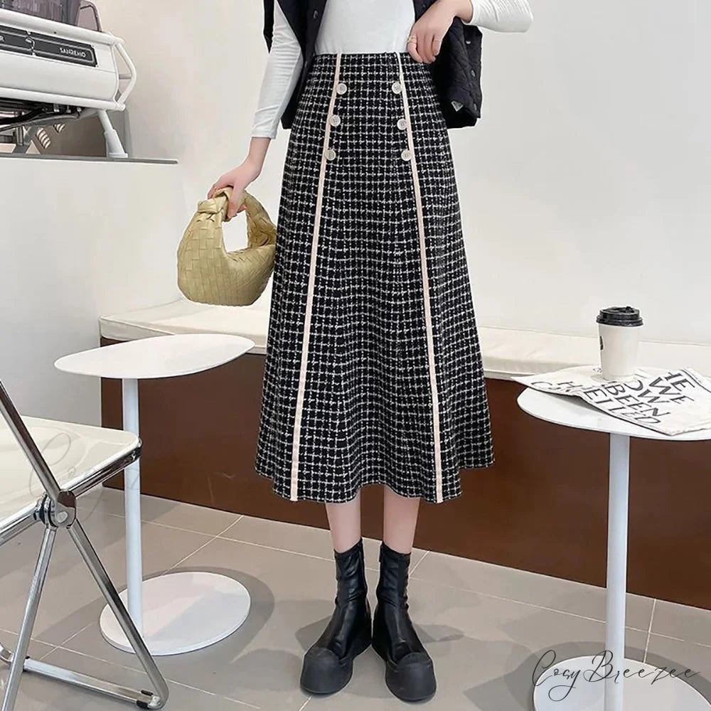 Elegant Fashionable Plaid High-Waisted New Trendy Autumn Winter A-line Swing Skirt Black / S