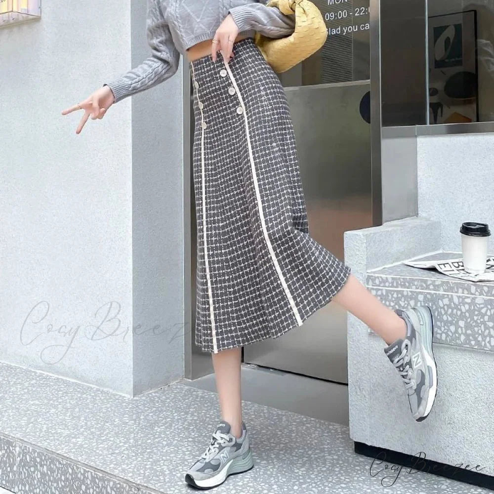 Elegant Fashionable Plaid High-Waisted New Trendy Autumn Winter A-line Swing Skirt Grey / S