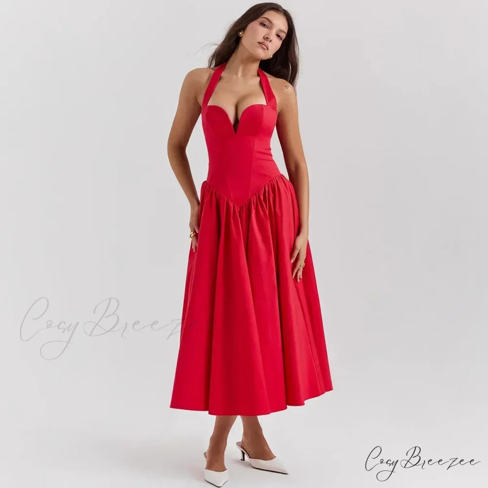 Elegant Fit and Flare Casual Sexy Christmas Party Dress Red / XS