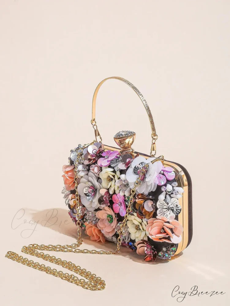 Elegant Floral Beaded Clutch Wedding Purse Black / Mini(Max Length<20cm) clutchbag-250126