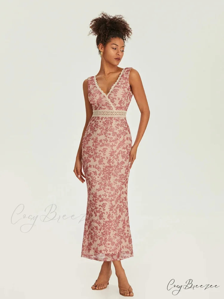 Elegant Floral Fishtail Lace Trim V-neck Bodycon Dress floraldress-250126