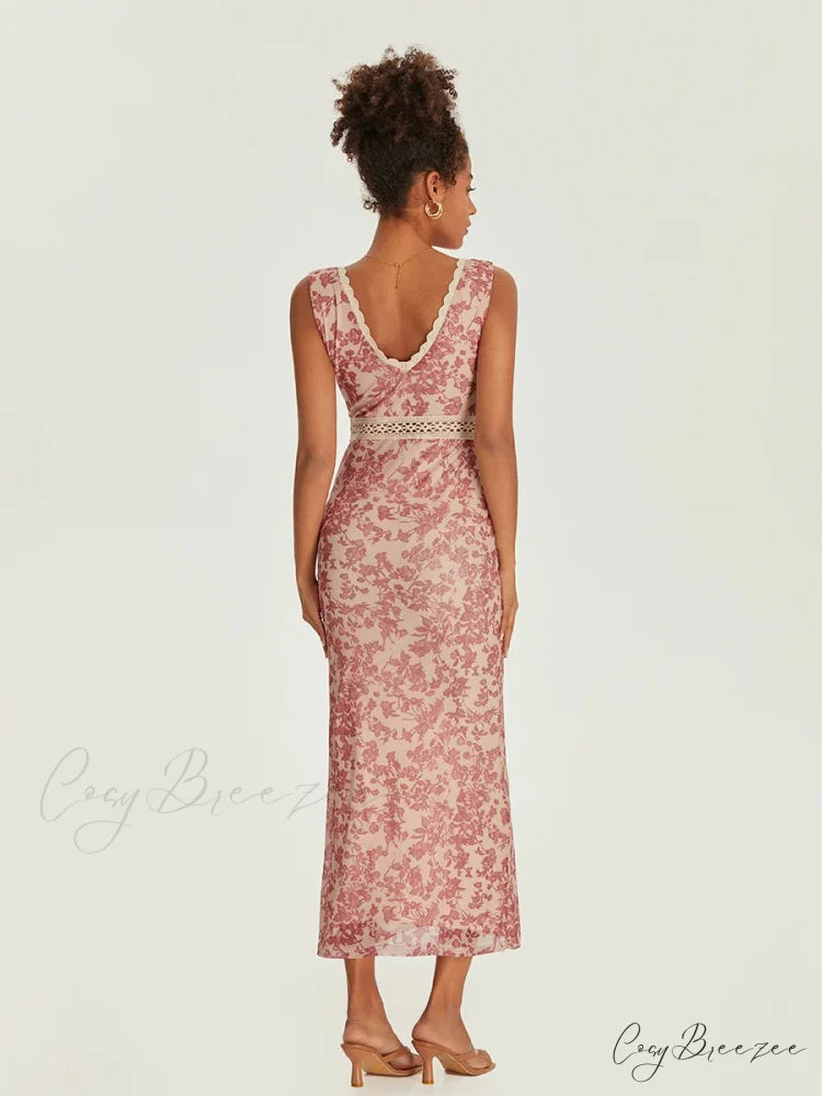 Elegant Floral Fishtail Lace Trim V-neck Bodycon Dress floraldress-250126