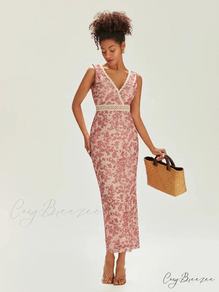 Elegant Floral Fishtail Lace Trim V-neck Bodycon Dress floraldress-250126