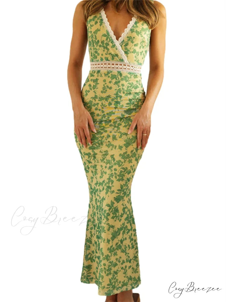Elegant Floral Fishtail Lace Trim V-neck Bodycon Dress Green / S floraldress-250126