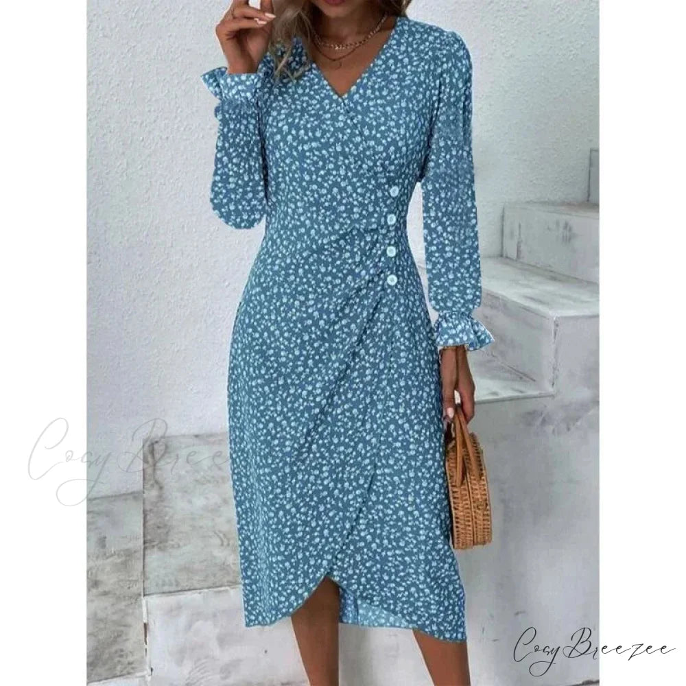 Elegant Floral Midi Puff Sleeve Ruched Waist Dress blue B / S oldfloraldress-250126