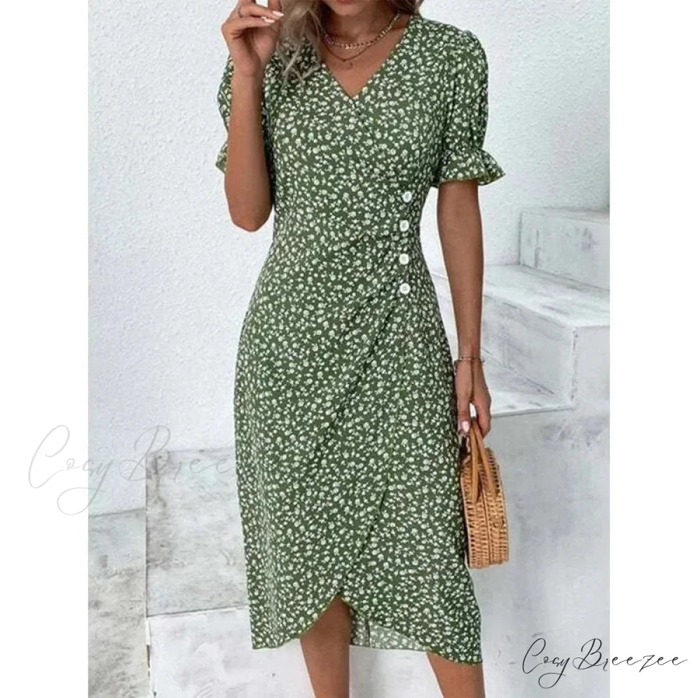 Elegant Floral Midi Puff Sleeve Ruched Waist Dress Green / S oldfloraldress-250126