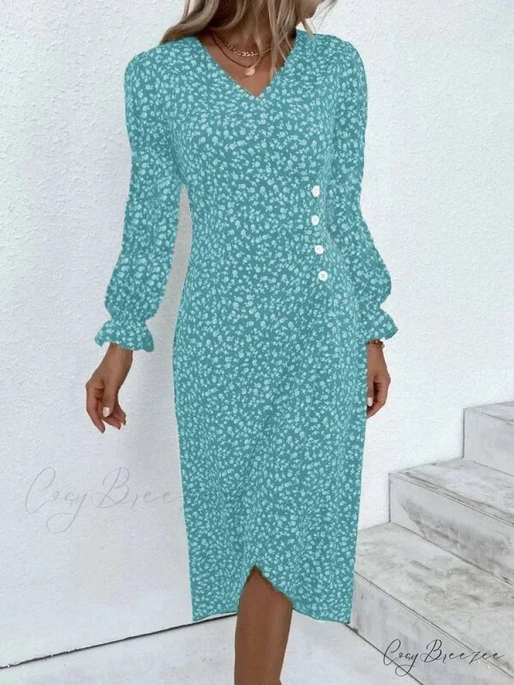 Elegant Floral Midi Puff Sleeve Ruched Waist Dress light blue B / S oldfloraldress-250126