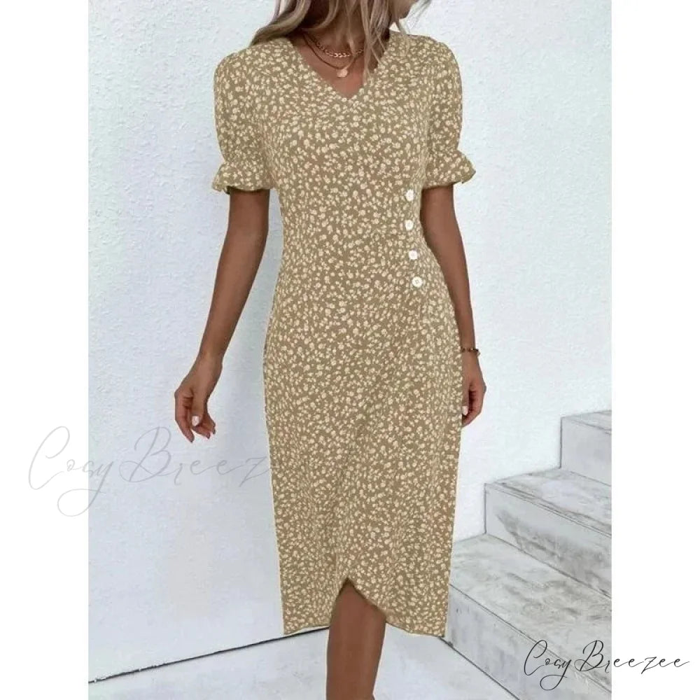 Elegant Floral Midi Puff Sleeve Ruched Waist Dress oldfloraldress-250126