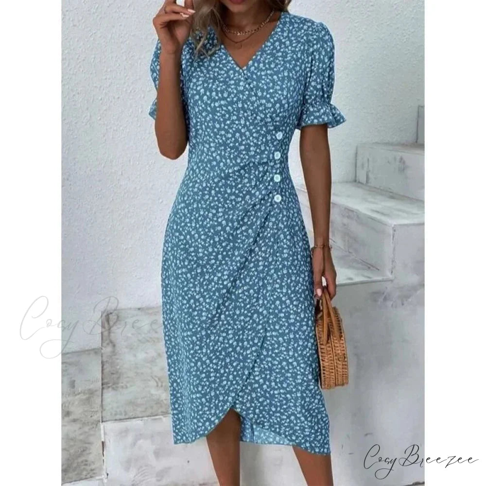 Elegant Floral Midi Puff Sleeve Ruched Waist Dress oldfloraldress-250126