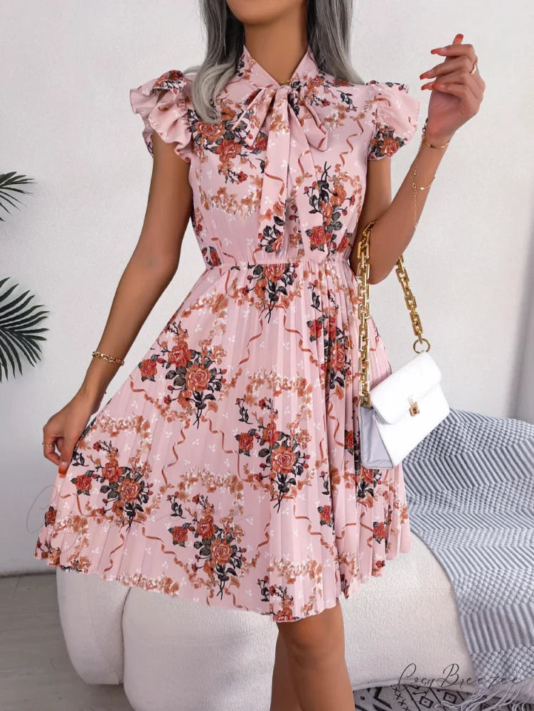 Elegant Floral Print Bow Pleated Slim Waist Dress Pink / S oldfloraldress-250126