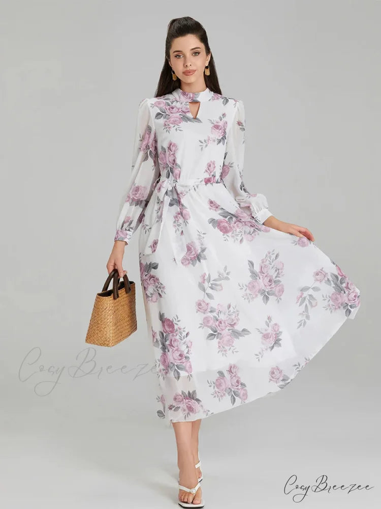 Elegant Floral Print Chiffon Lantern Sleeve Dress floraldress-250126