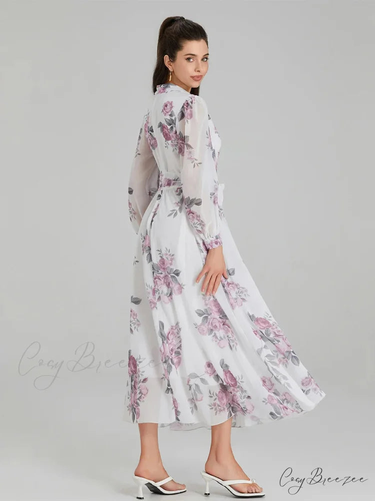 Elegant Floral Print Chiffon Lantern Sleeve Dress floraldress-250126