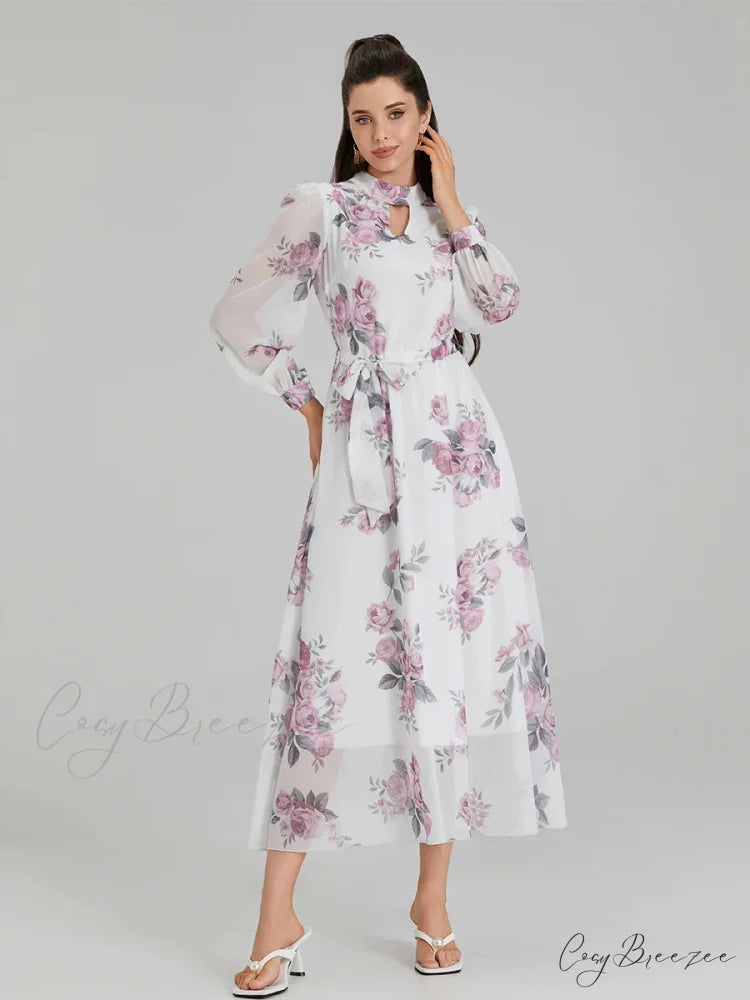 Elegant Floral Print Chiffon Lantern Sleeve Dress floraldress-250126
