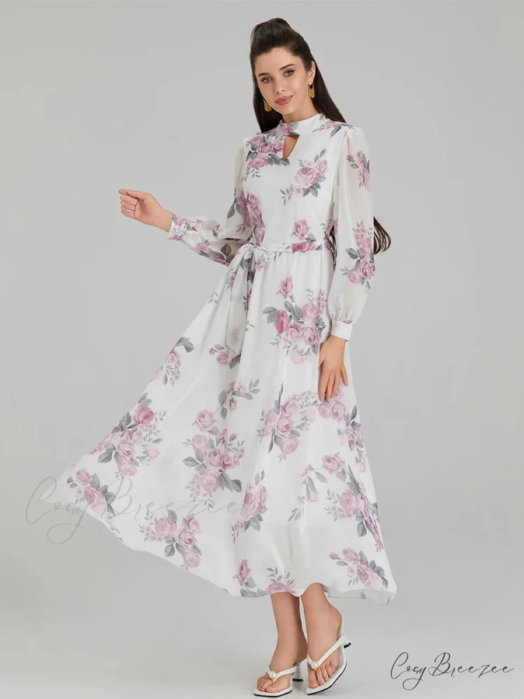 Elegant Floral Print Chiffon Lantern Sleeve Dress floraldress-250126