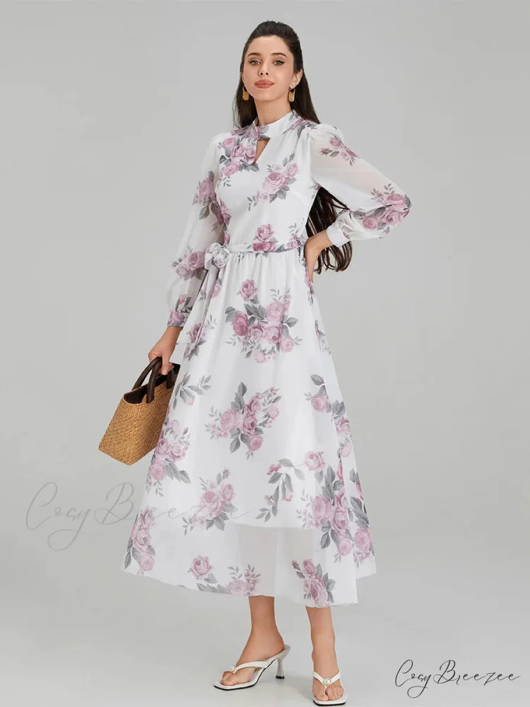 Elegant Floral Print Chiffon Lantern Sleeve Dress WHITE / S floraldress-250126