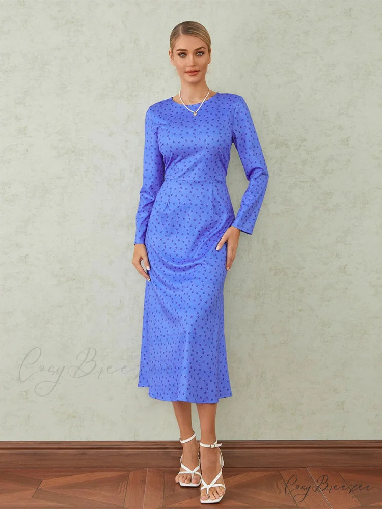 Elegant Floral Print Fishtail O-neck Wrap Midi Dress Blue / S floraldress-250126