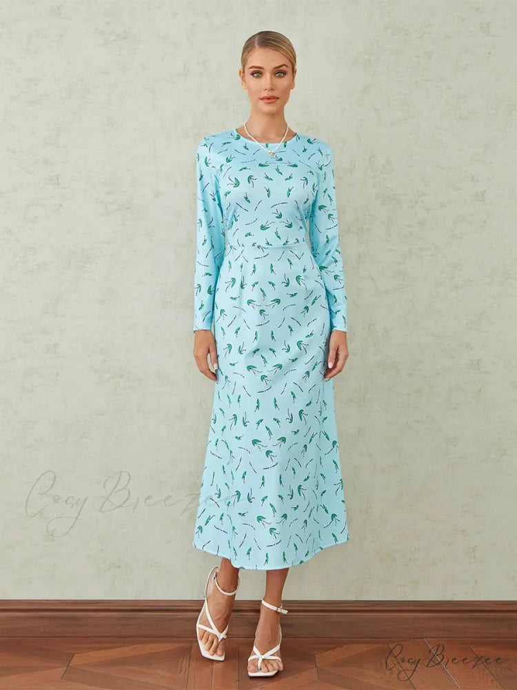 Elegant Floral Print Fishtail O-neck Wrap Midi Dress Cyan / S floraldress-250126