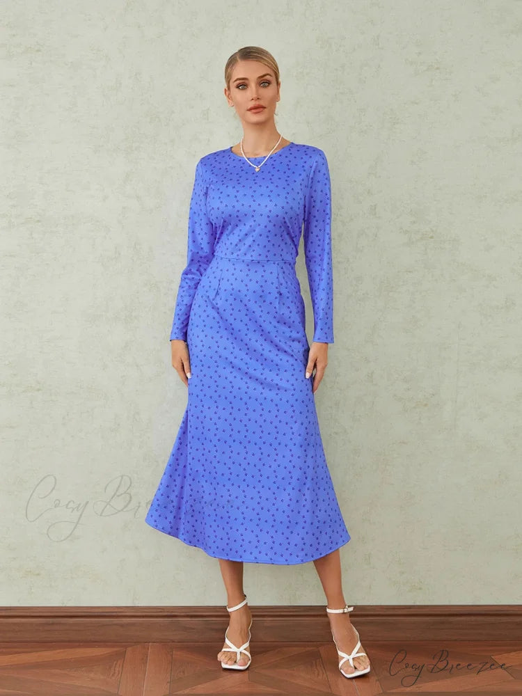 Elegant Floral Print Fishtail O-neck Wrap Midi Dress floraldress-250126