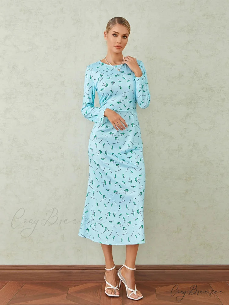 Elegant Floral Print Fishtail O-neck Wrap Midi Dress floraldress-250126