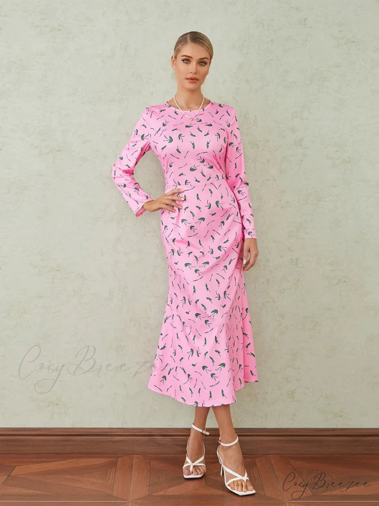 Elegant Floral Print Fishtail O-neck Wrap Midi Dress floraldress-250126