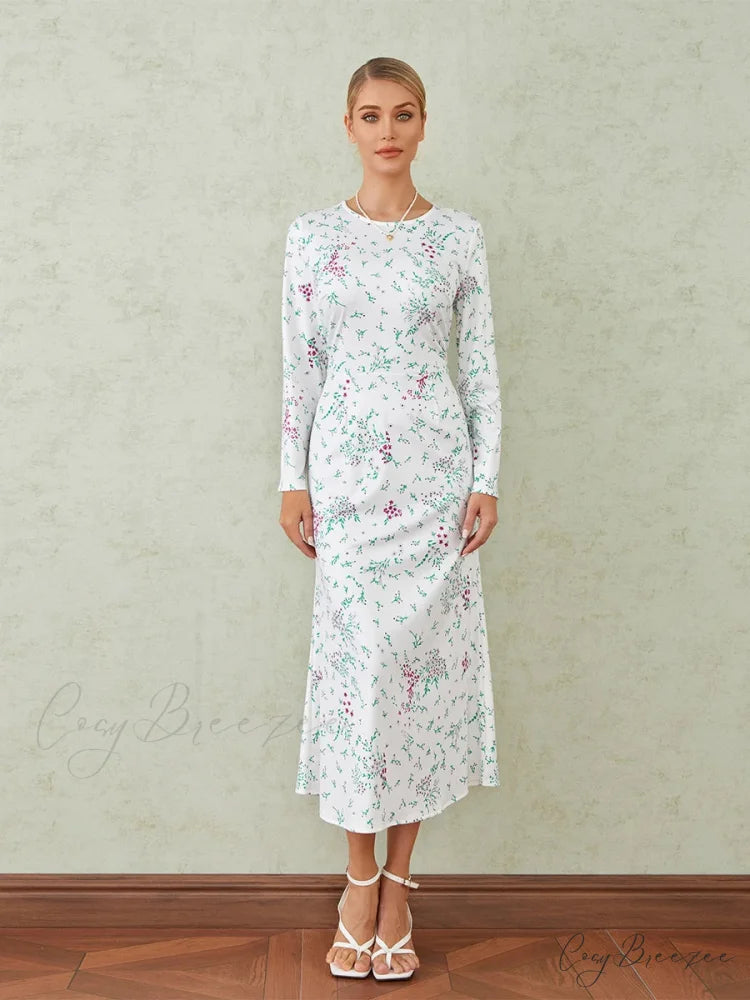 Elegant Floral Print Fishtail O-neck Wrap Midi Dress floraldress-250126