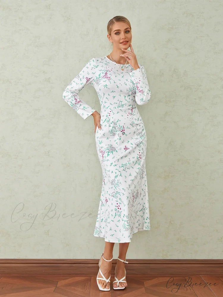 Elegant Floral Print Fishtail O-neck Wrap Midi Dress WHITE / S floraldress-250126