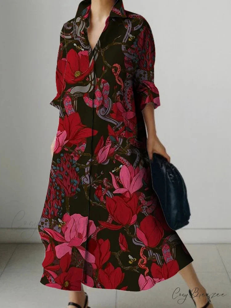 Elegant Floral Print Long Sleeve Knee Dress cloro1 / S oldfloraldress-250126