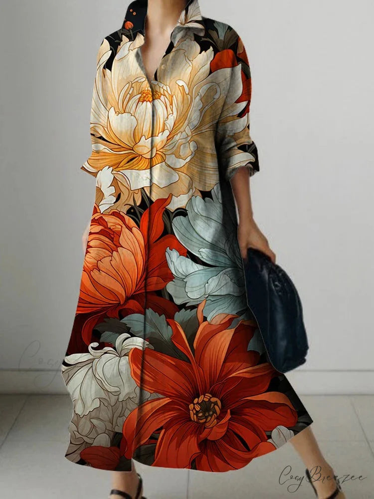 Elegant Floral Print Long Sleeve Knee Dress cloro2 / S oldfloraldress-250126