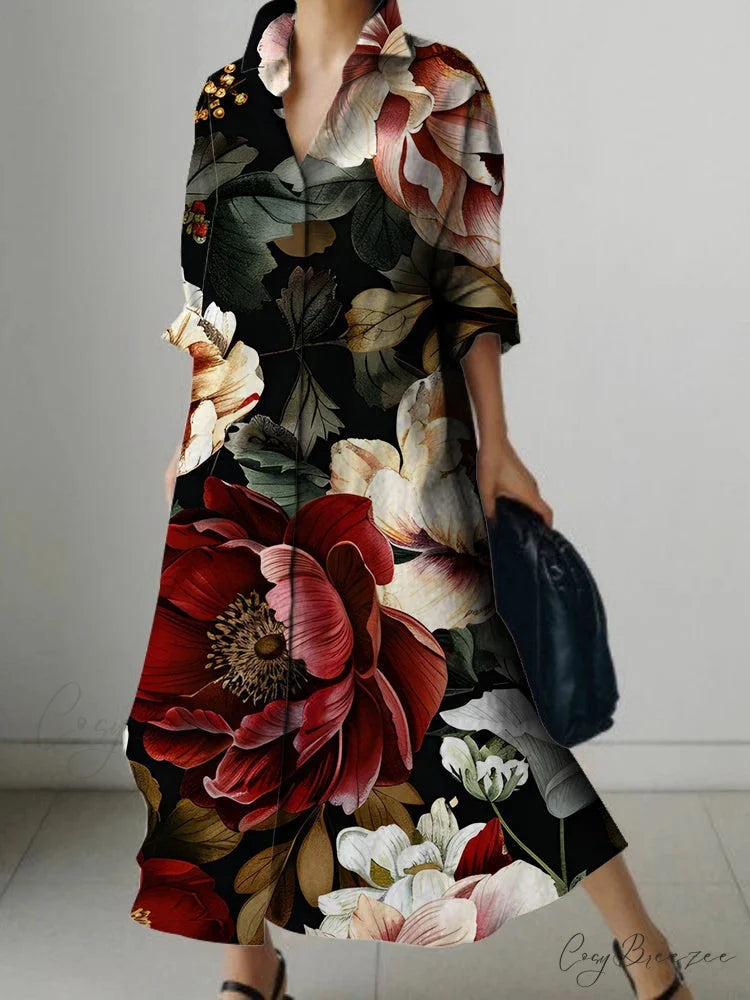 Elegant Floral Print Long Sleeve Knee Dress cloro3 / S oldfloraldress-250126