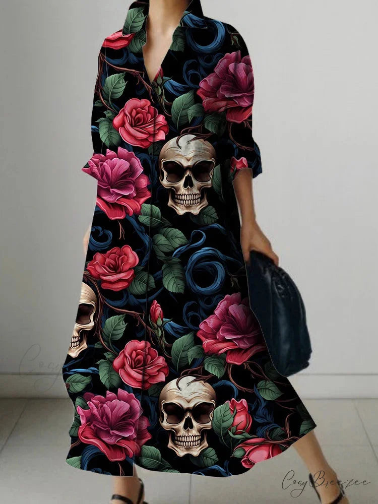 Elegant Floral Print Long Sleeve Knee Dress cloro4 / S oldfloraldress-250126