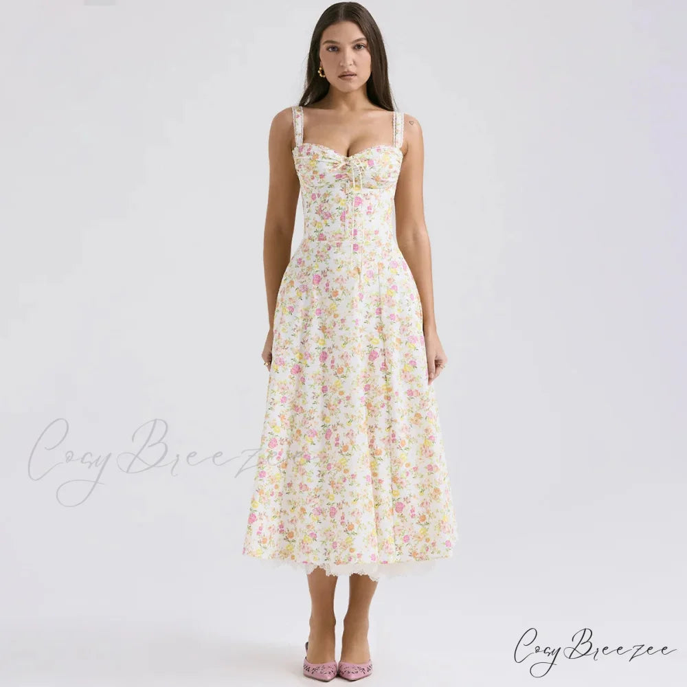 Elegant Floral Print Summer Midi Dress ivory print / XS