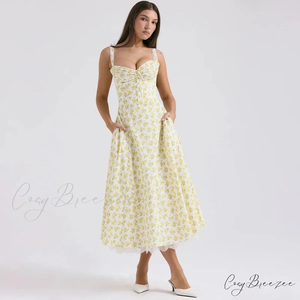 Elegant Floral Print Summer Midi Dress yellow print / XS