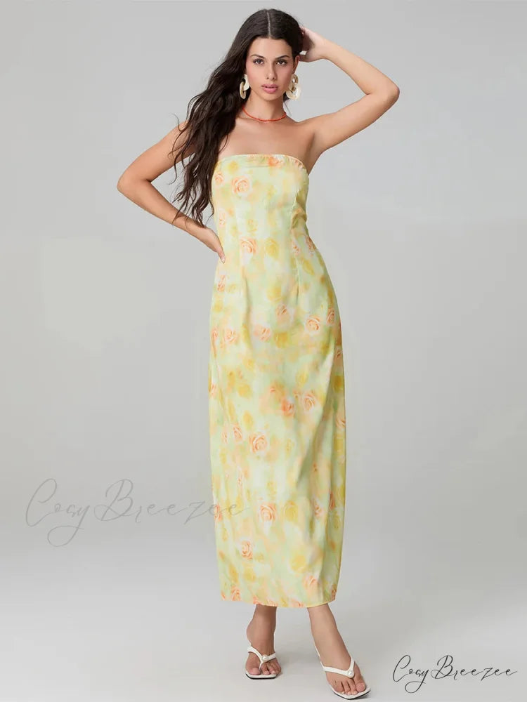 Elegant Floral Print Tube Backless Off-Shoulder Evening Gown Party Dress floraldress-250126
