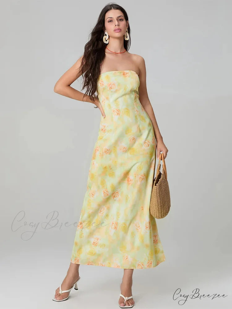 Elegant Floral Print Tube Backless Off-Shoulder Evening Gown Party Dress floraldress-250126