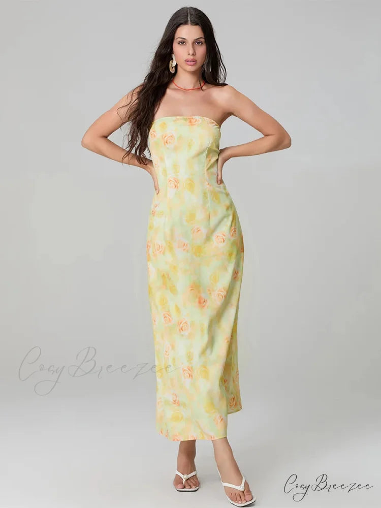 Elegant Floral Print Tube Backless Off-Shoulder Evening Gown Party Dress floraldress-250126