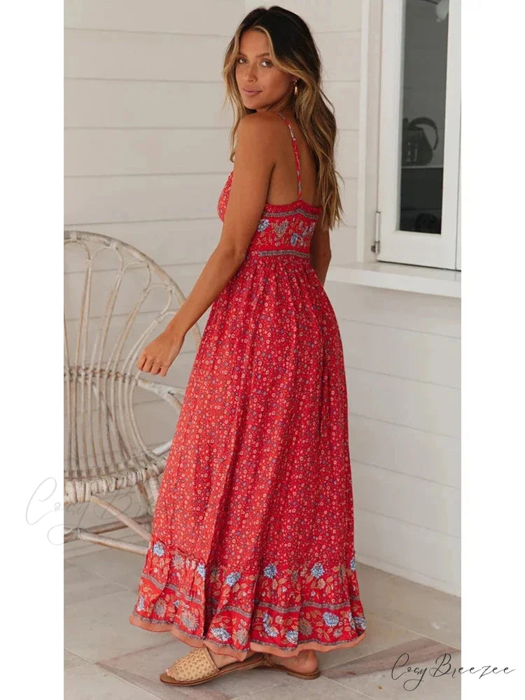 Elegant Floral V-Neck Sleeveless Boho Dress