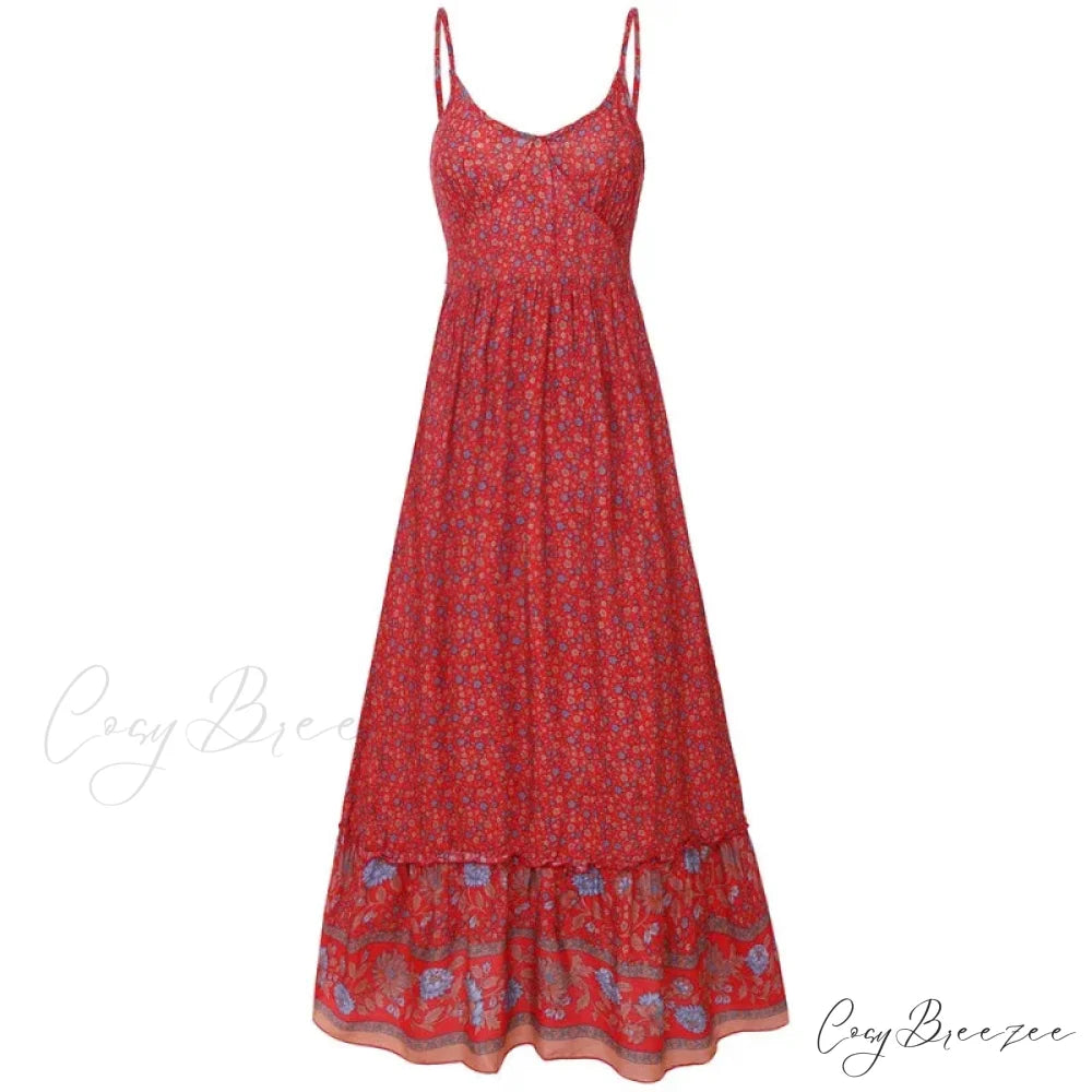 Elegant Floral V-Neck Sleeveless Boho Dress