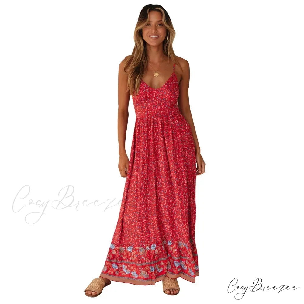 Elegant Floral V-Neck Sleeveless Boho Dress Red / S