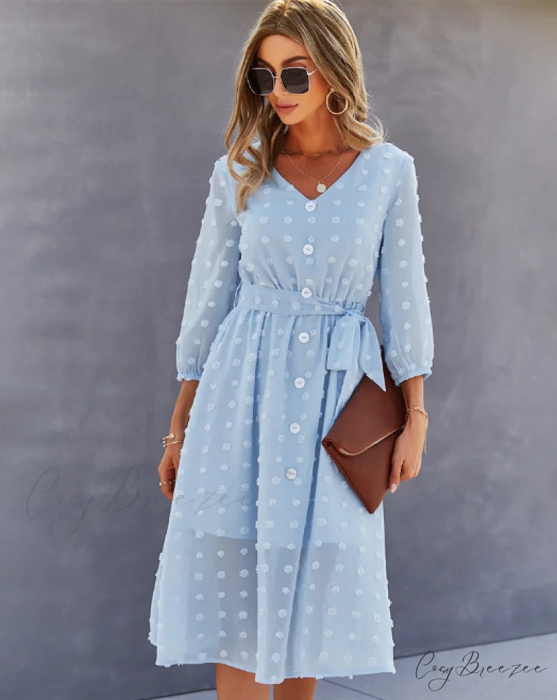 Elegant Half Sleeve Women’s Casual V-neck Midi Dress with Buttons L / PINK