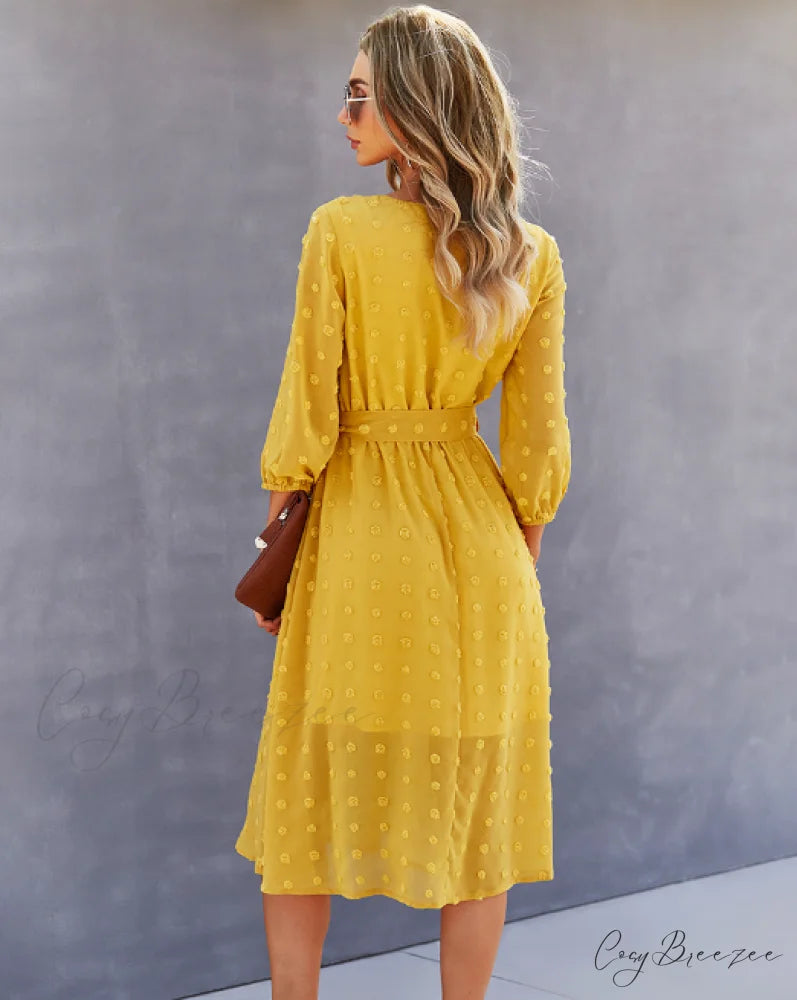Elegant Half Sleeve Women’s Casual V-neck Midi Dress with Buttons M / BLUE