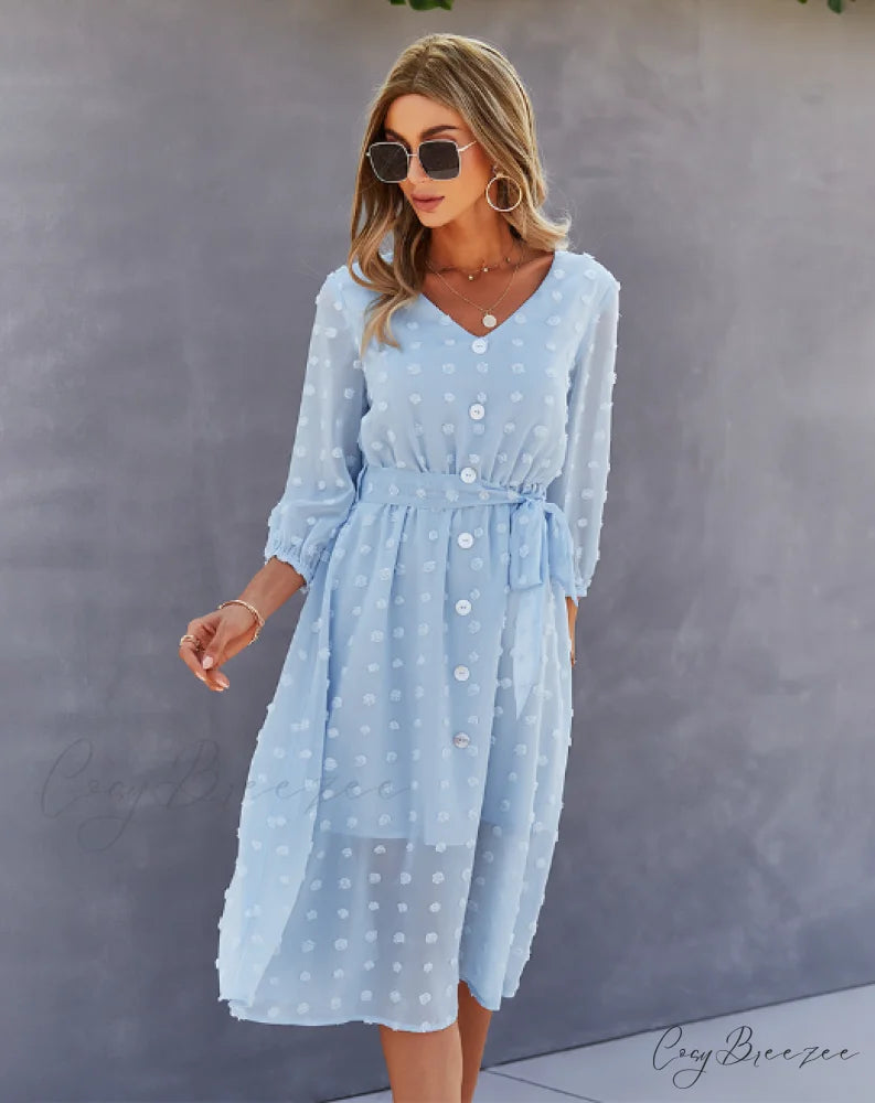 Elegant Half Sleeve Women’s Casual V-neck Midi Dress with Buttons M / COFFEE