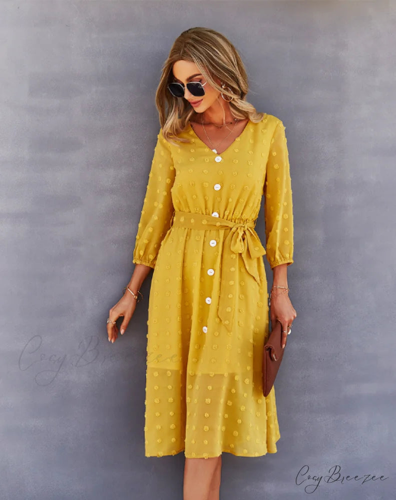 Elegant Half Sleeve Women’s Casual V-neck Midi Dress with Buttons M / PINK