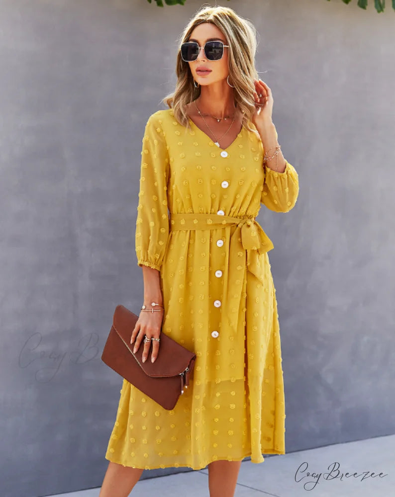 Elegant Half Sleeve Women’s Casual V-neck Midi Dress with Buttons S / COFFEE