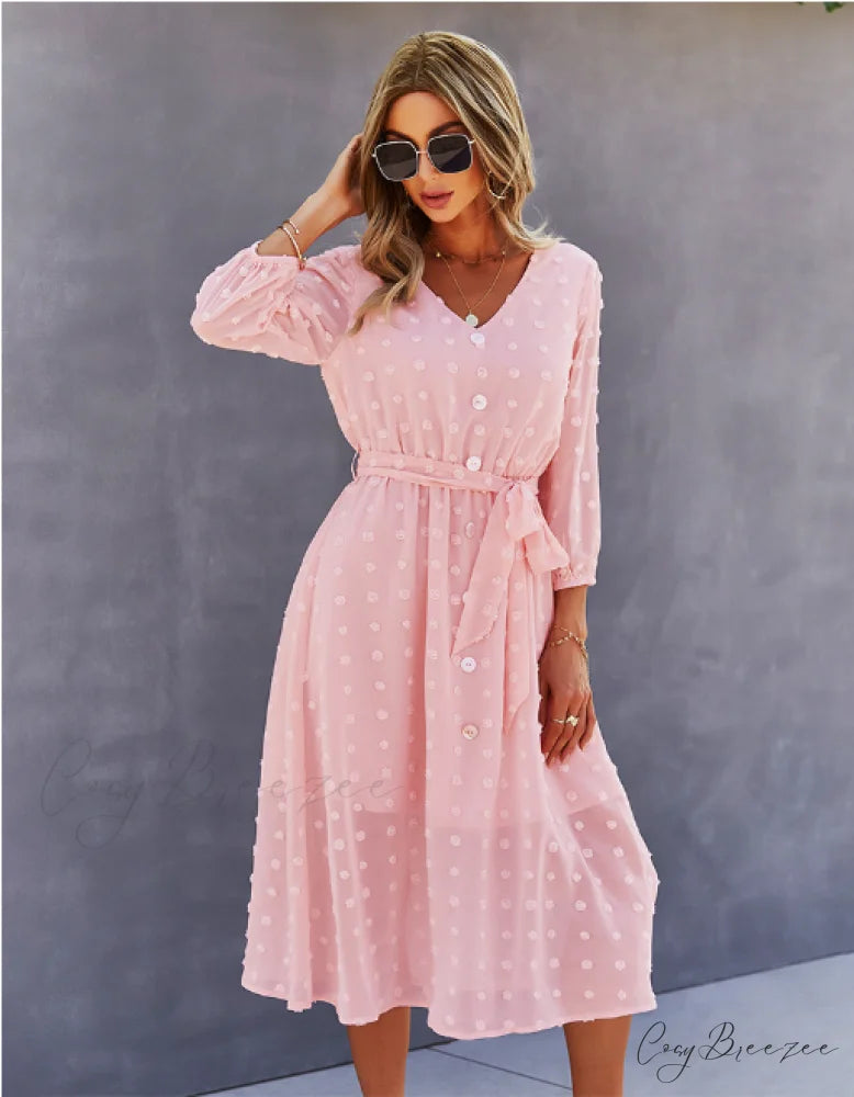 Elegant Half Sleeve Women’s Casual V-neck Midi Dress with Buttons S / PINK