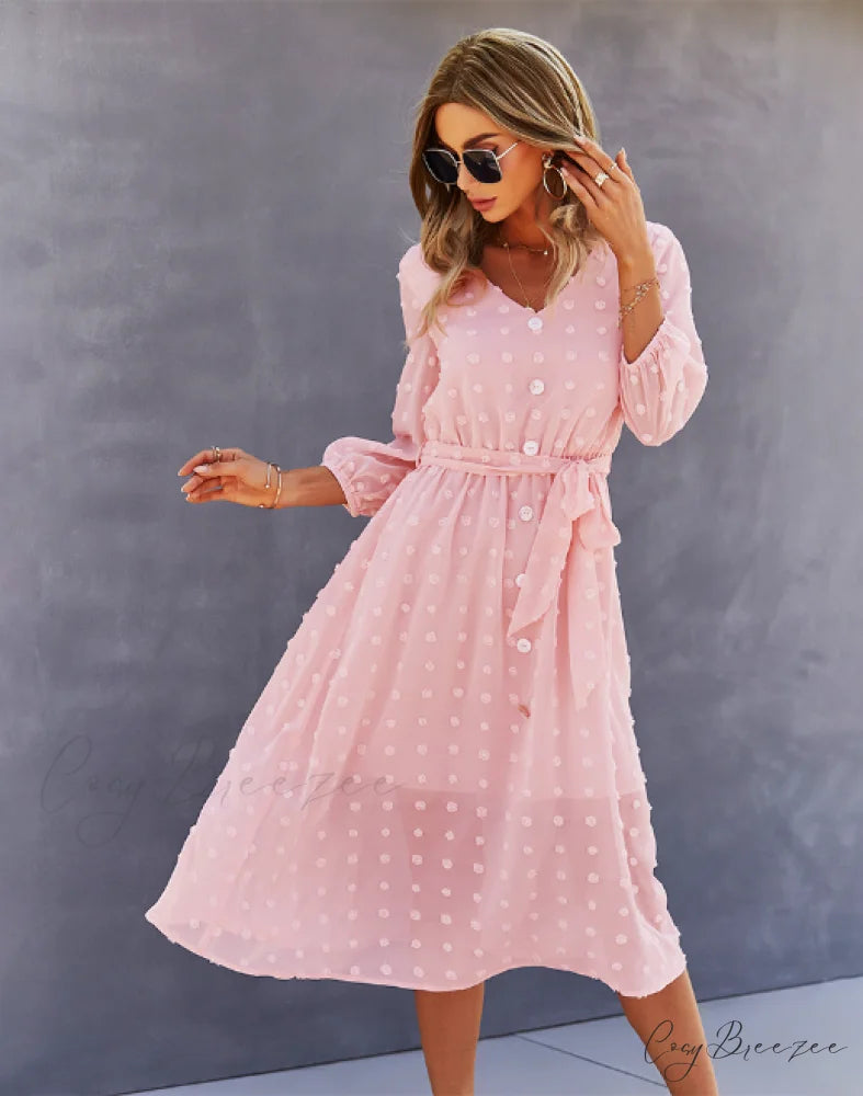 Elegant Half Sleeve Women’s Casual V-neck Midi Dress with Buttons S / YELLOW