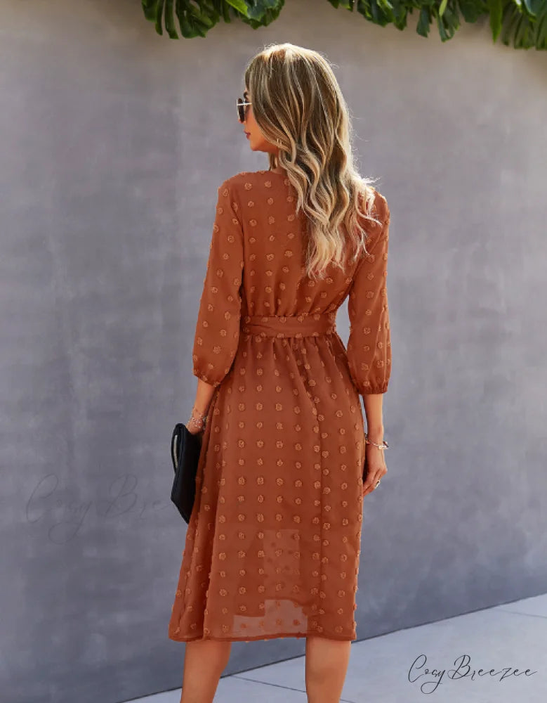 Elegant Half Sleeve Women’s Casual V-neck Midi Dress with Buttons XL / YELLOW