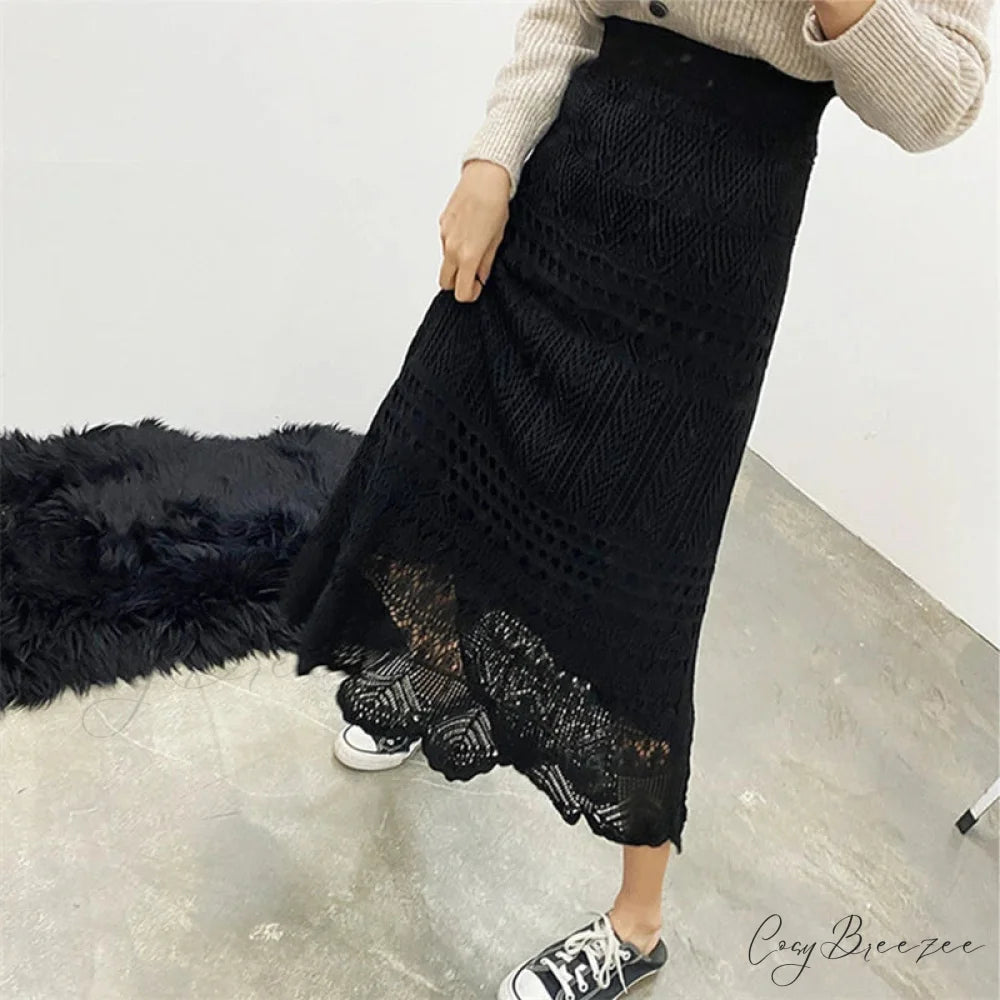 Elegant High Waist Korean Lace Crochet Sheath Wrap Trendy Feminine Skirt Black / One Size