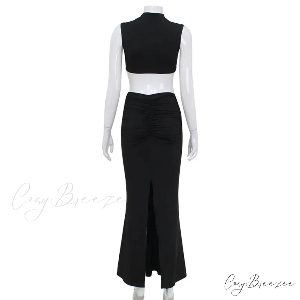 Elegant Hollow Back Sexy Solid Color Turtle Neck Sleeveless Dress Christmas Party Dress