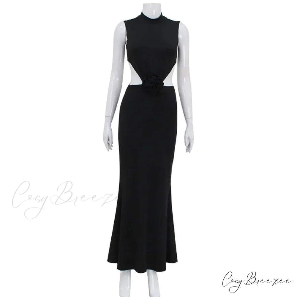 Elegant Hollow Back Sexy Solid Color Turtle Neck Sleeveless Dress Christmas Party Dress Black / S