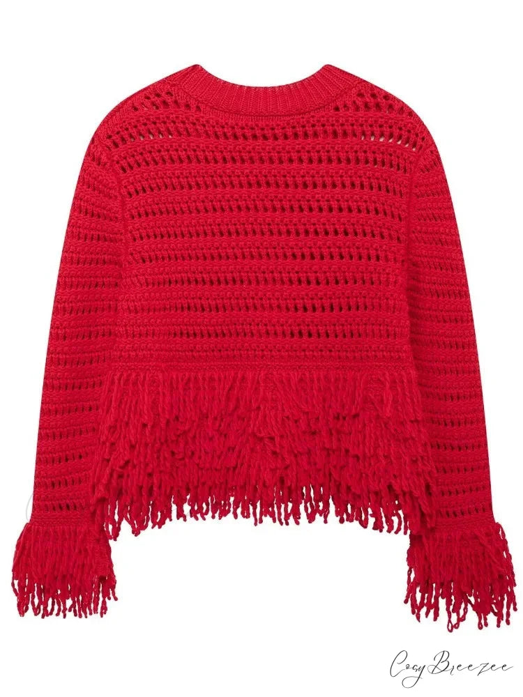 Elegant Hollow Out Sexy Long Sleeve O-Neck Red Christmas Sweater